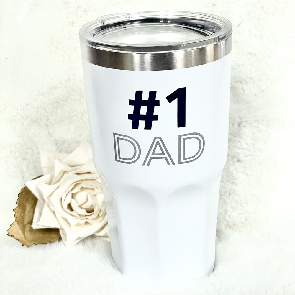 New with tags “# 1 DAD” 28oz STAINLESS TRAVEL TUMBLER w/lid Navy & grey writing